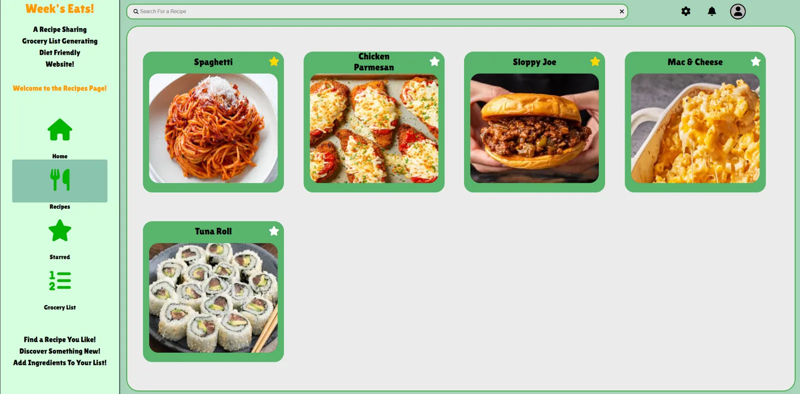 The Week's Eats recipes page: a green sidebar with Home, Recipes, Starred and Grocery List navigation beside a grid of recipe cards for Spaghetti, Chicken Parmesan, Sloppy Joe, Mac & Cheese and Tuna Roll, each with a photo and a star toggle.